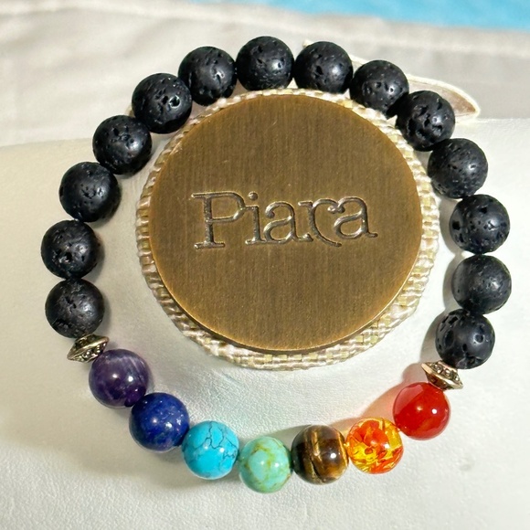 Multicolor 7 stone chakra stretchy bracelet w/black lava stones - Picture 10 of 16